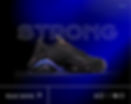 image of shoe on its side on blue gradient background with the word STRONG over it. There is a small CTA in the bottom left corner. And in the right corner, symbols indicating likes and comments